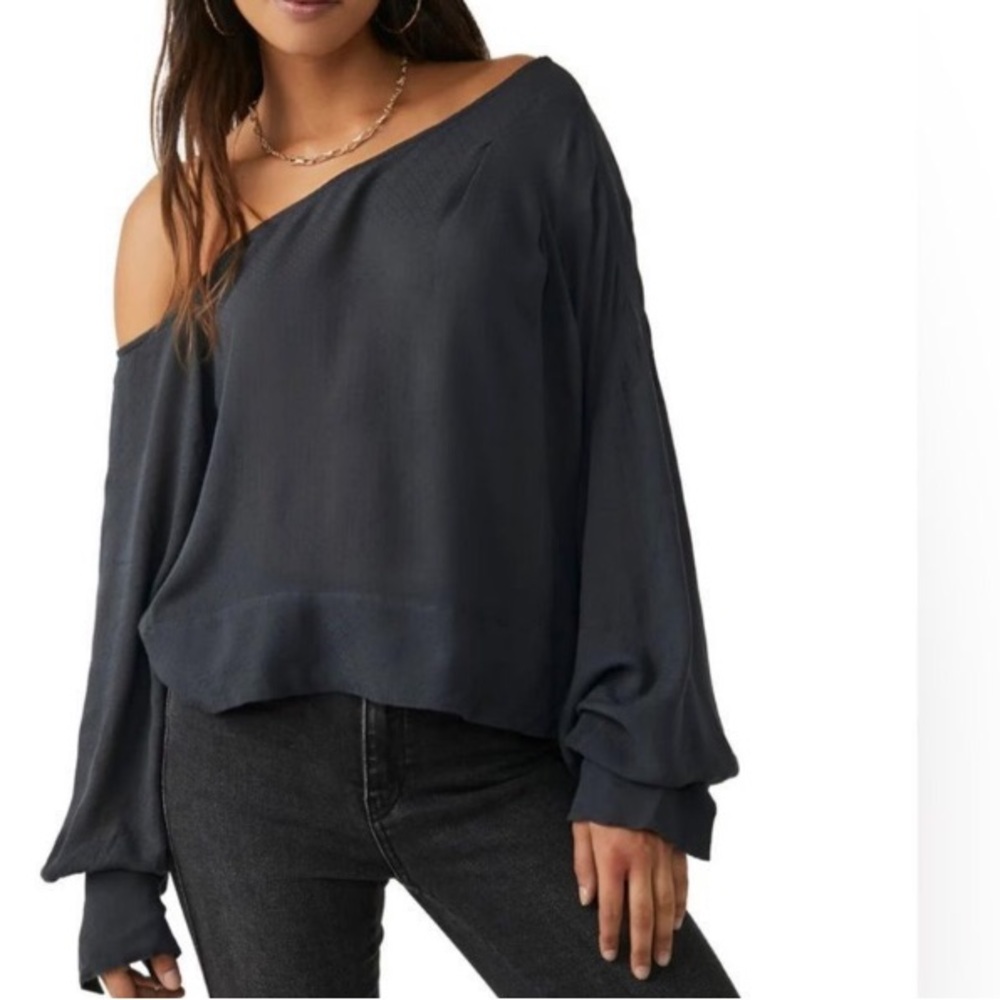 Free People Justina One Shoulder Blouse in Metal Stiletto Gray Black Size XS